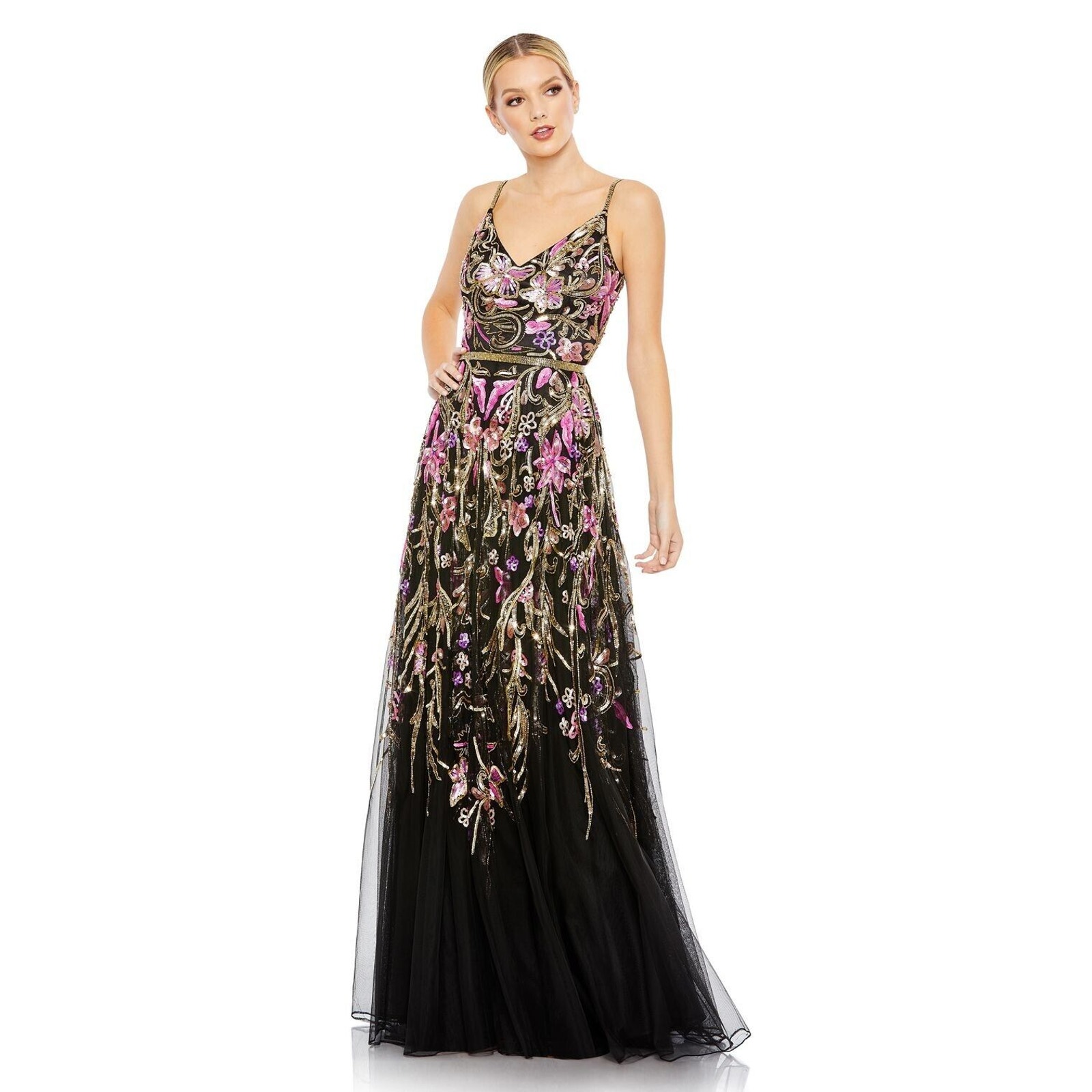 Nwt Mac Duggal V Neck Floral Embellished Spaghetti Strap Gown Sz 12 Black Multi